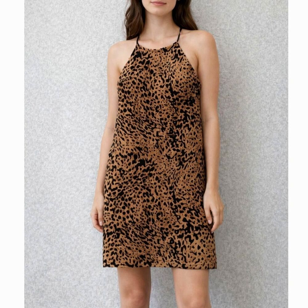Sadie & Sage Cheetah Leopard Halter Mini Dress Open Back Strappy Small